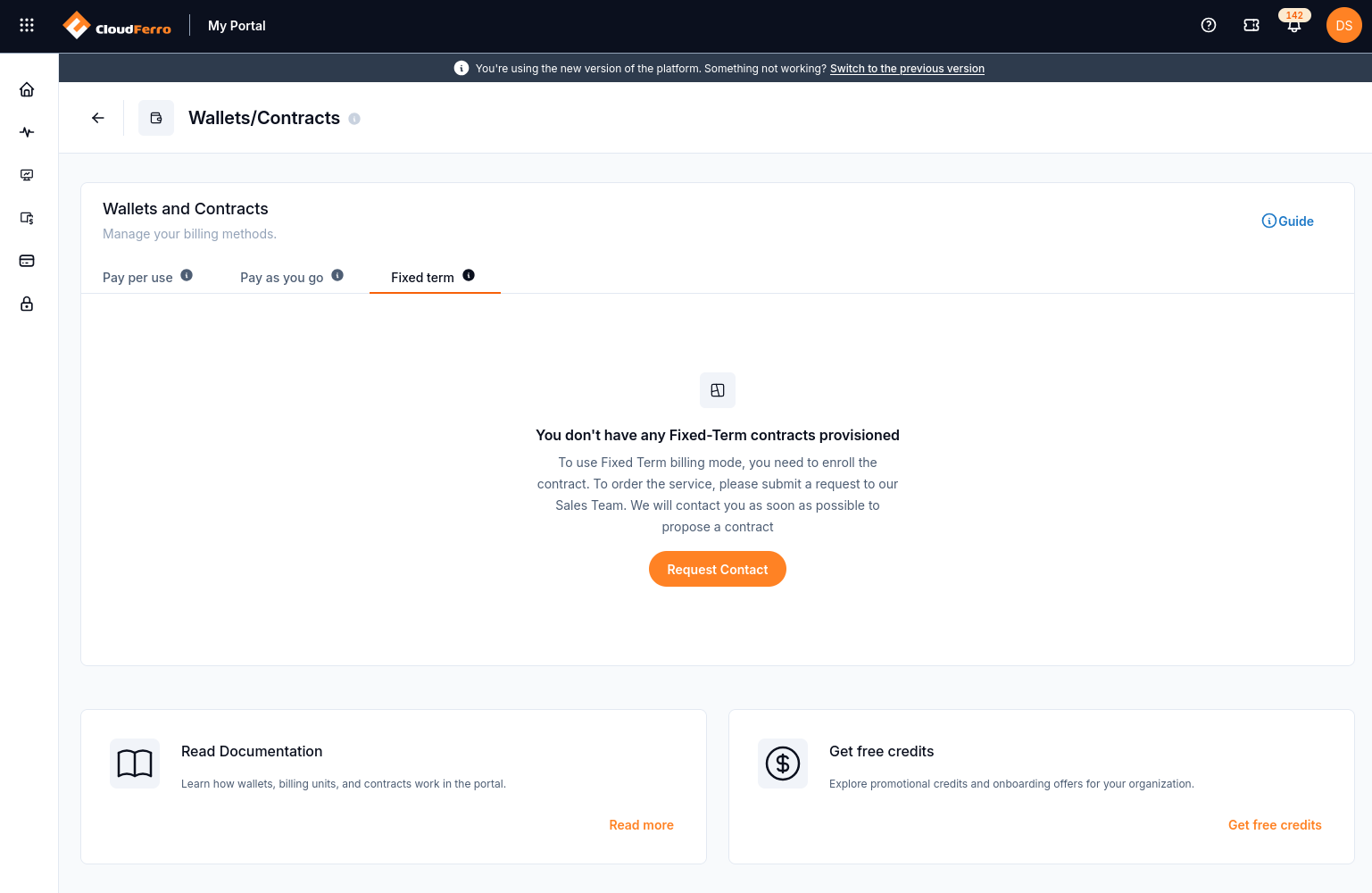 Fixed term tab showing no provisioned contracts and a Request Contact button.