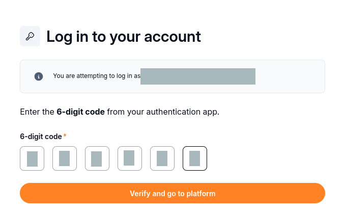 Authenticator verification form with six code fields and Verify and go to platform.