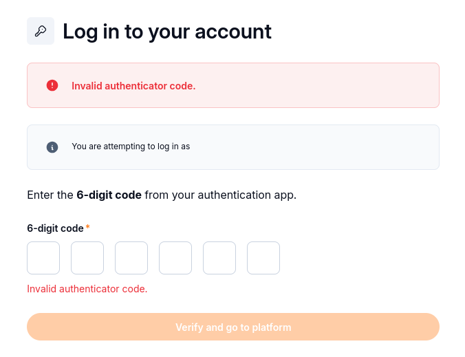 Authenticator form displaying Invalid authenticator code above the empty six-digit code fields.