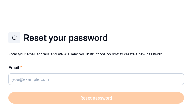 Reset your password form with a required Email field and Reset password button.