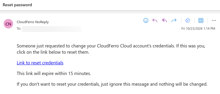 Reset password email containing Link to reset credentials and a 15-minute expiration notice.