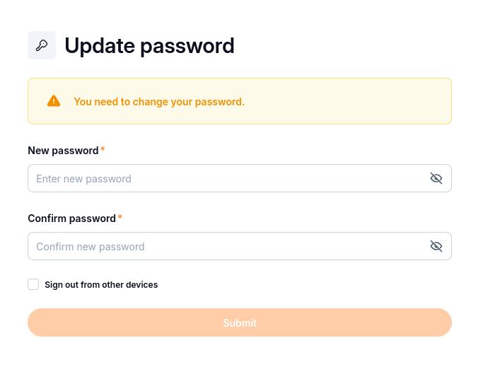 Update password form with New password, Confirm password, Sign out from other devices, and Submit.