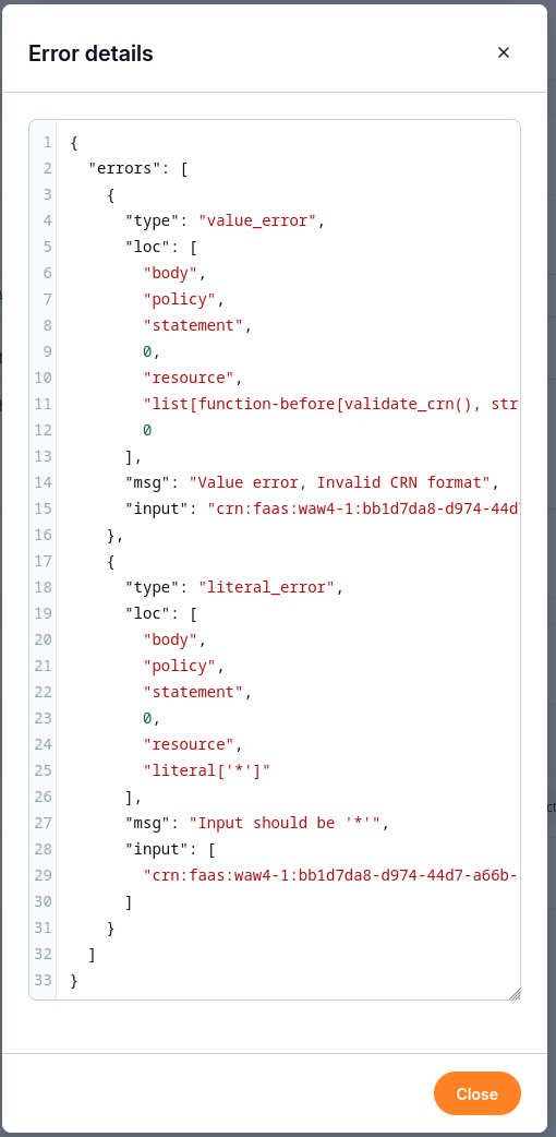 Error details showing Invalid CRN format for the first resource and a separate literal asterisk validation error.