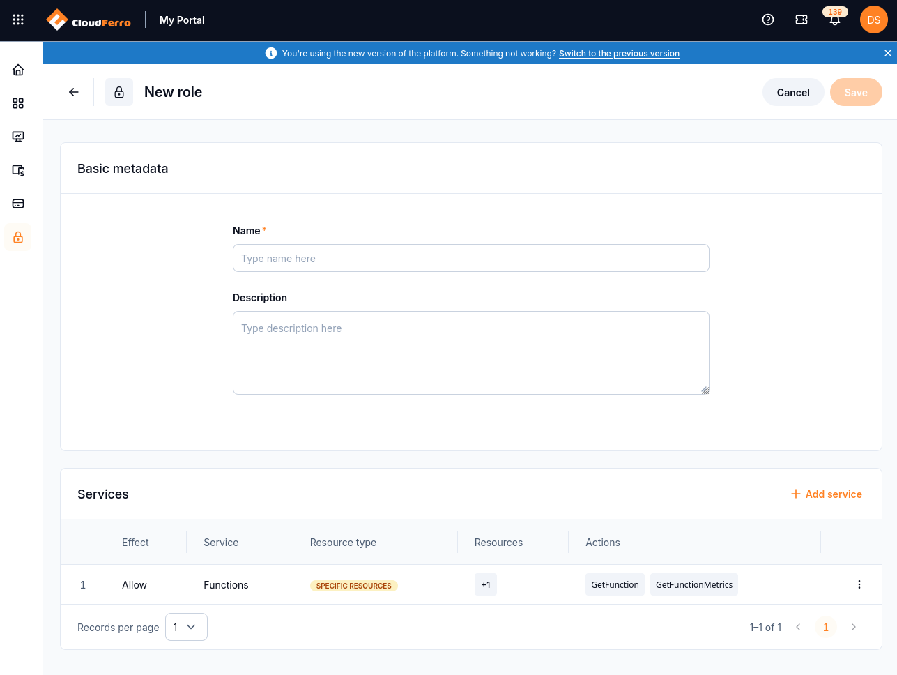 New role form showing one Functions resource and GetFunction and GetFunctionMetrics, with the Name field empty.