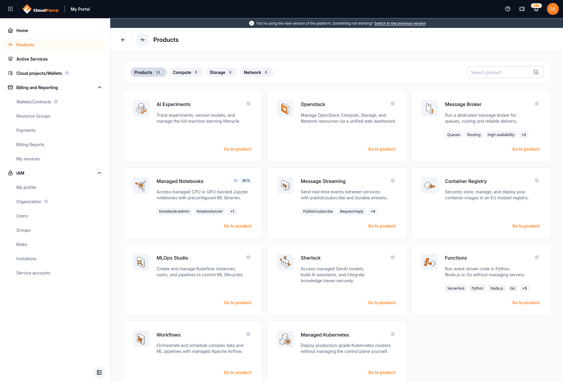 CloudFerro Cloud Products catalogue with service cards, category tabs, search, and Go to product actions.