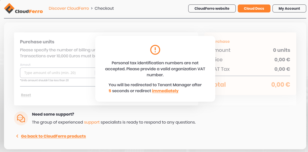 Purchase units checkout with an organization VAT-number validation message and a link to return immediately to Tenant Manager.