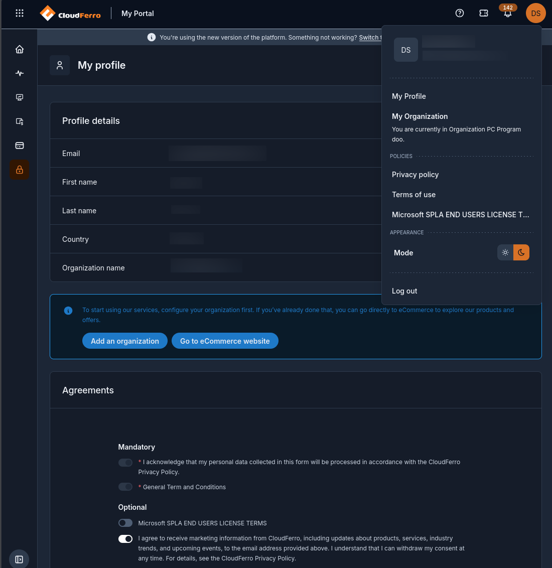 My profile displayed in dark mode with the profile menu open and the moon control selected.