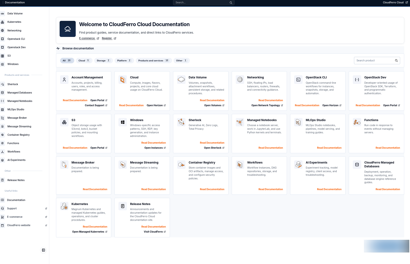 CloudFerro Cloud Documentation landing page with category filters, Search product, product cards, Read Documentation links, and service-interface links.