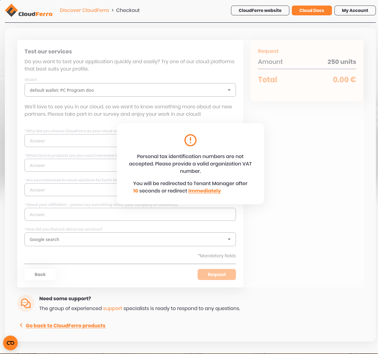 Test our services checkout with a wallet selector, mandatory survey fields, a Request button, and an organization VAT-number validation message.