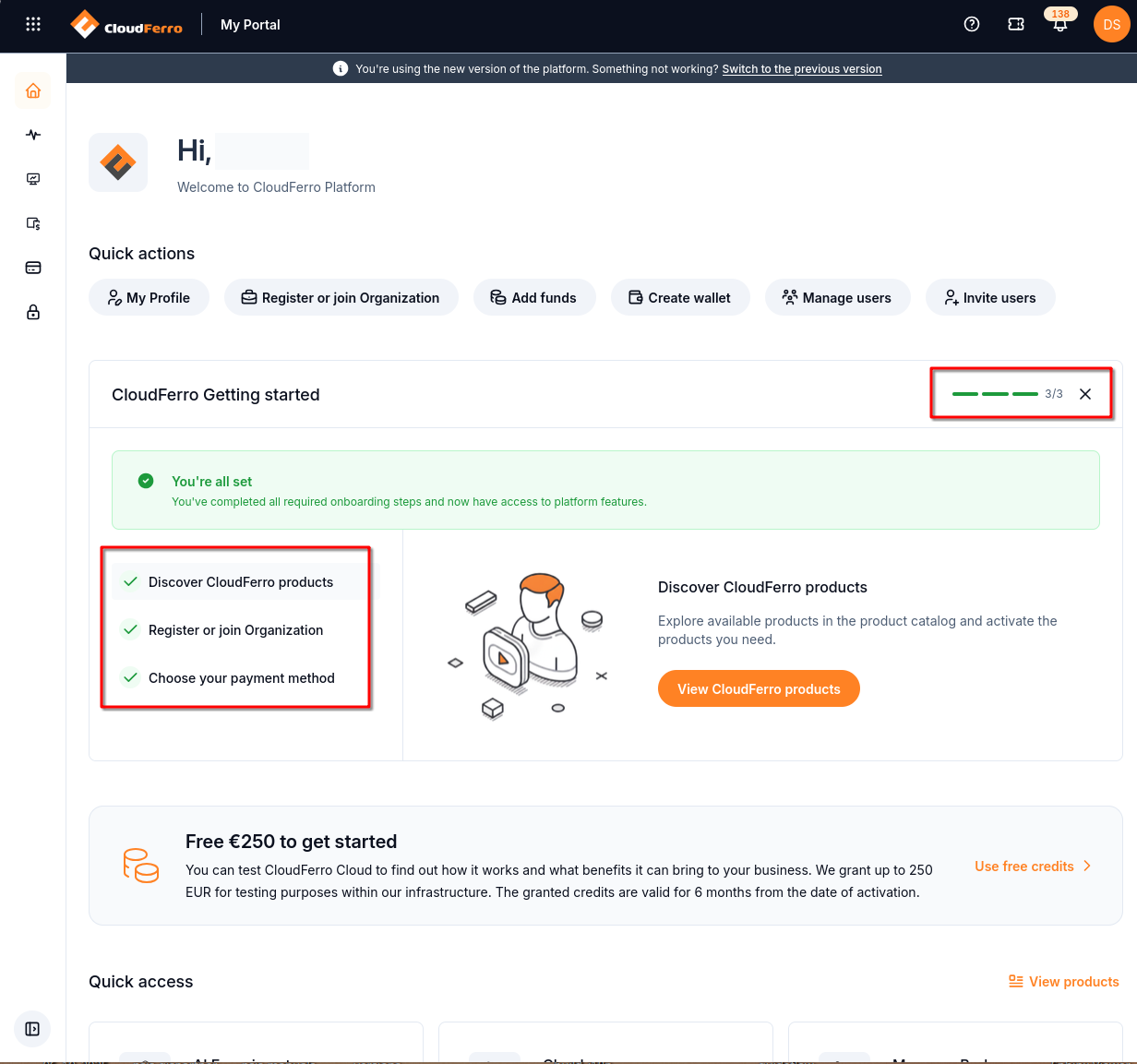 Home with Getting started at 3/3, You're all set, three completed entries, and View CloudFerro products.