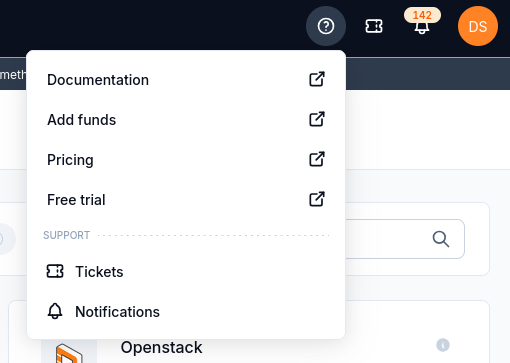 Help menu with Documentation, Add funds, Pricing, Free trial, Tickets, and Notifications.