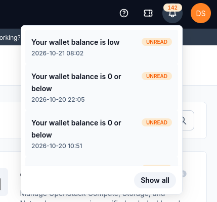 Notification panel with low-wallet-balance messages, timestamps, UNREAD labels, and Show all.