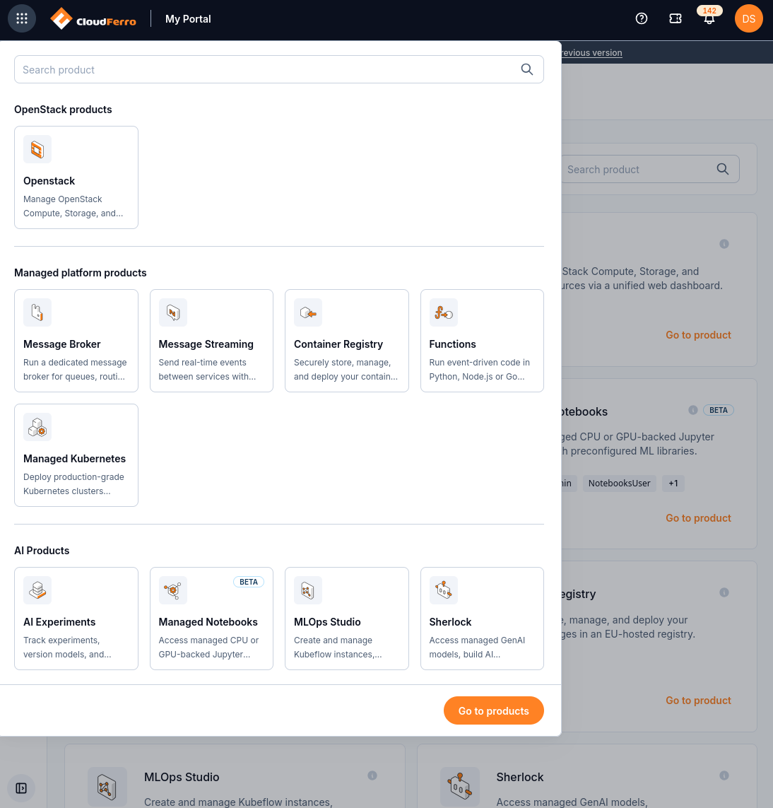 Top-bar product launcher with a search field, OpenStack, managed platform and AI product groups, and Go to products.