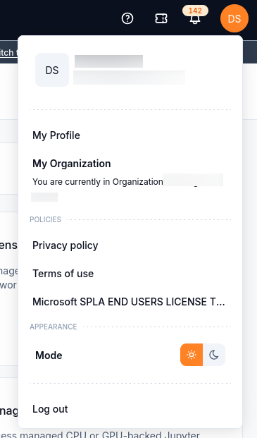 Profile menu with My Profile, My Organization, policy links, light and dark appearance controls, and Log out.