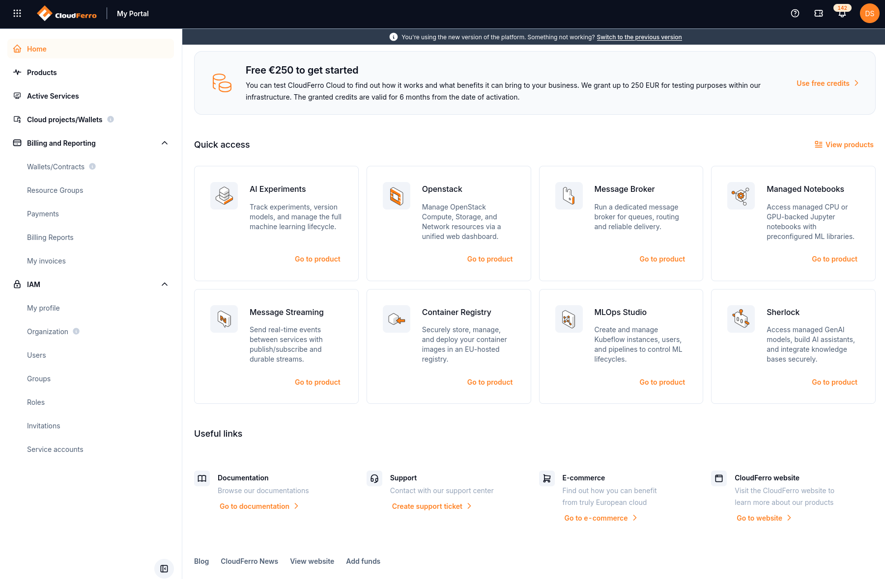 The lower part of My Portal Home with eight product shortcuts and useful links to documentation, support, e-commerce, and the company website.
