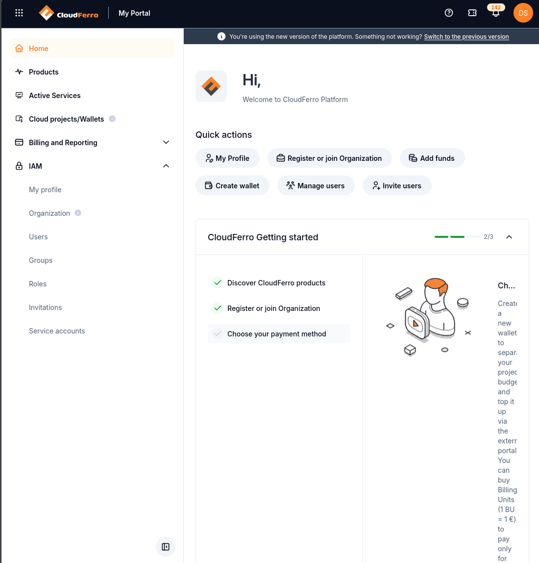 Home with the expanded left-hand menu, IAM entries, and the sidebar collapse control at the bottom.