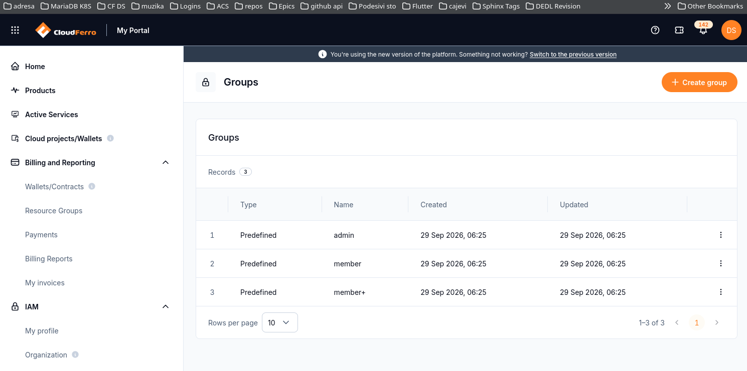 Groups list with the predefined admin, member, and member+ groups.
