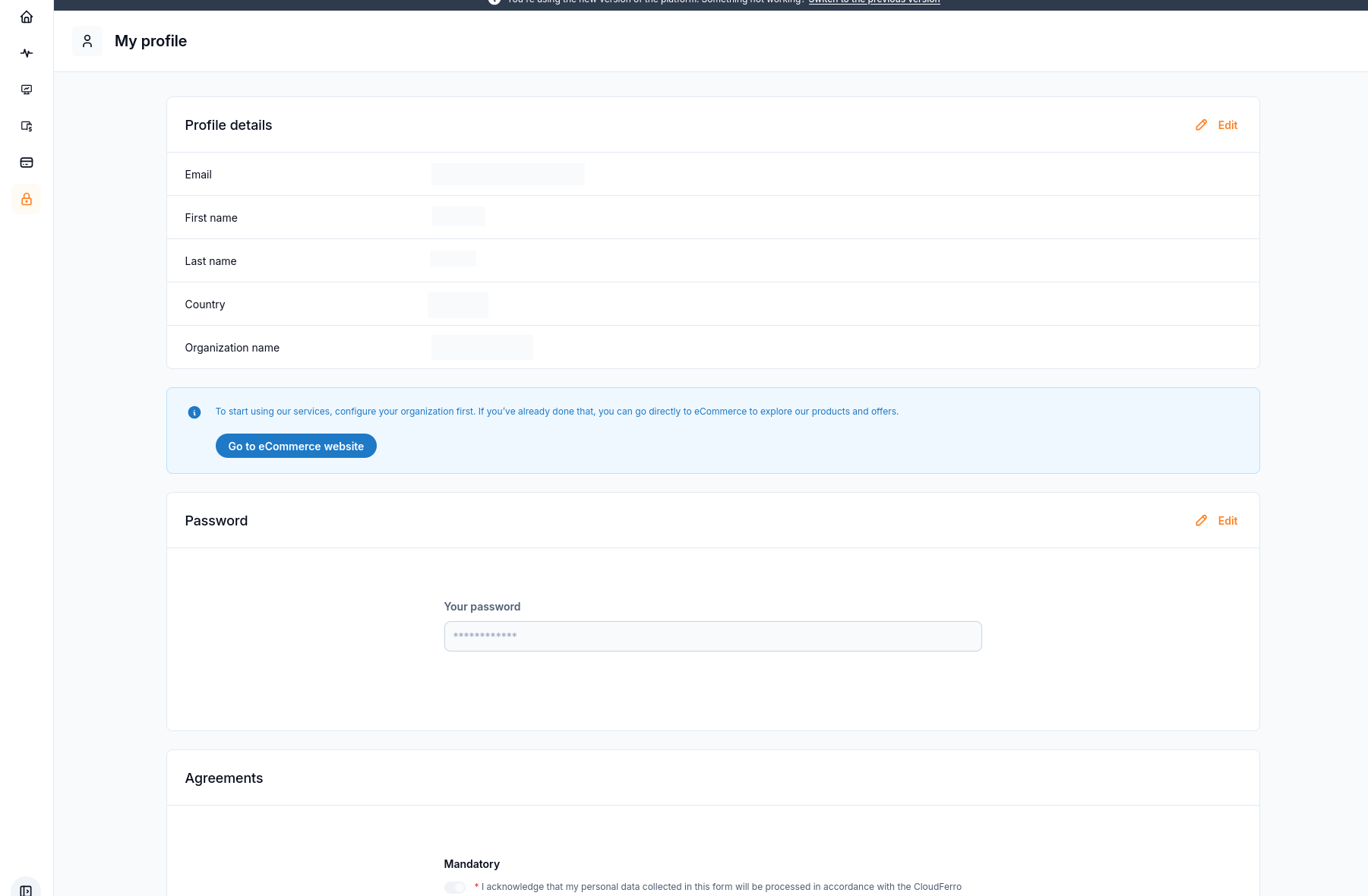 My profile under IAM with obscured personal details, a Password panel, and Agreements.