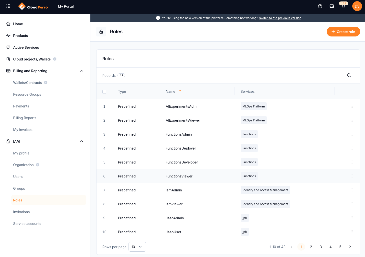 Roles table showing predefined product-specific roles and their associated services.