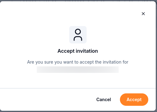 Accept invitation confirmation with the recipient obscured and Cancel and Accept buttons.