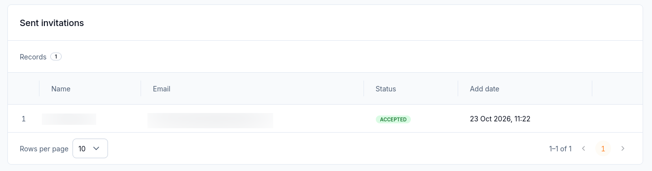 Sent invitations table showing the accepted request with status ACCEPTED.