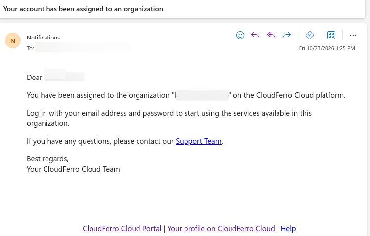 Email confirming that the recipient's account has been assigned to an organization.