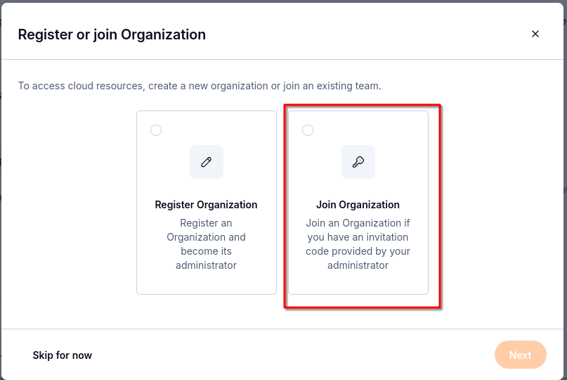 Register or join Organization dialog with Join Organization highlighted.