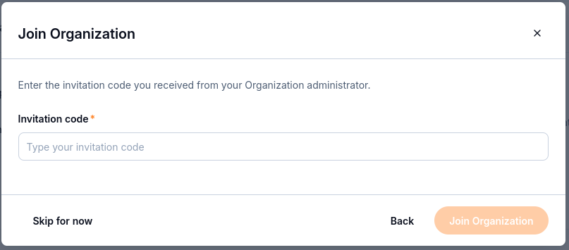 Join Organization form with a required Invitation code field, Back, and Join Organization.