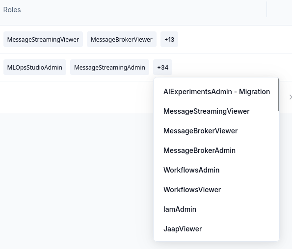 Additional-role list for another member, including product Admin and Viewer roles and IamAdmin.