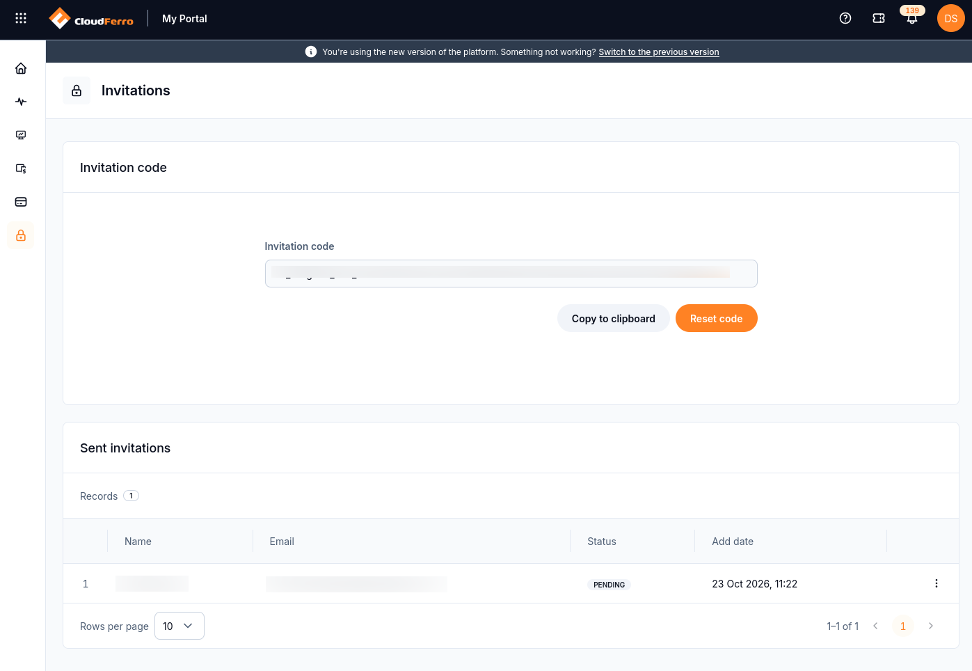 Invitations page with an obscured invitation code, Copy to clipboard, Reset code, and one pending request in Sent invitations.