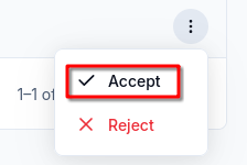 Pending invitation row menu with Accept and Reject actions.