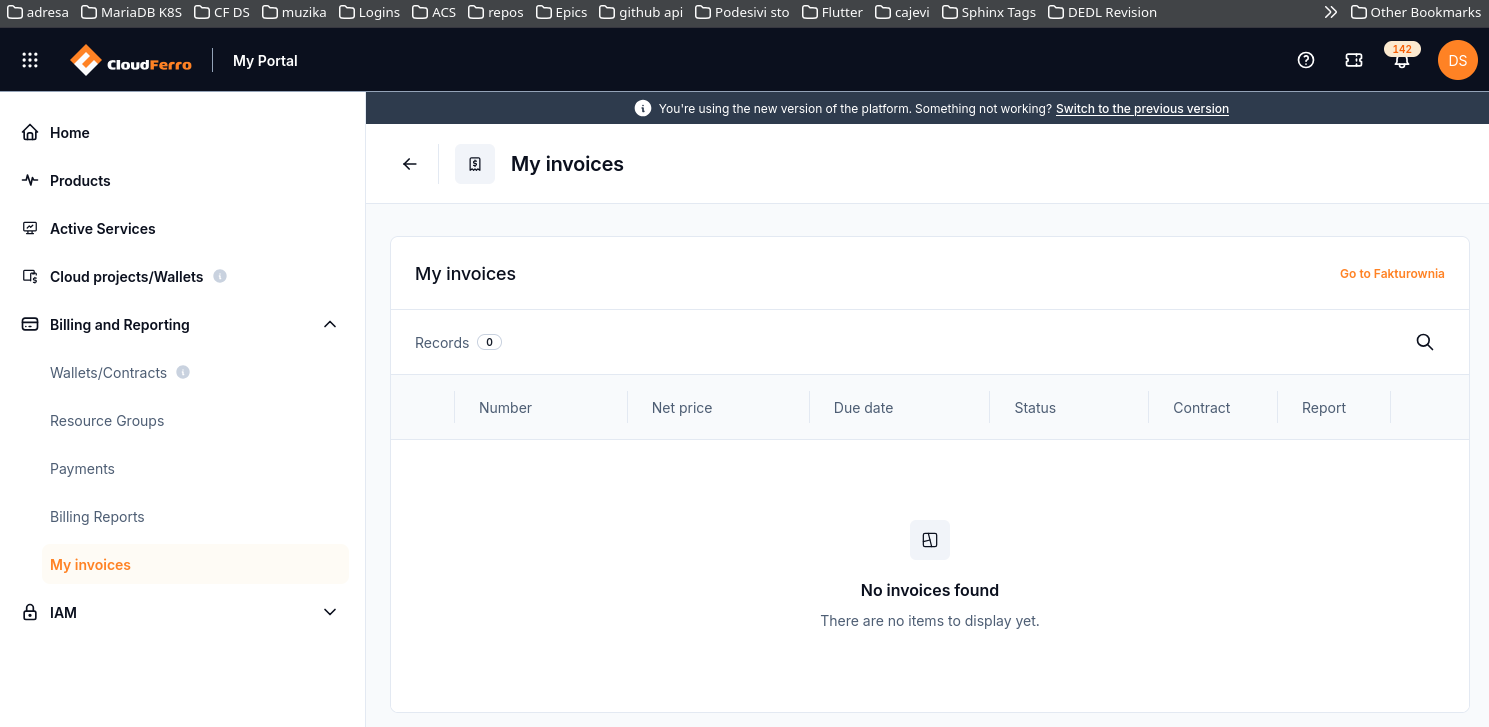 My invoices table with Number, Net price, Due date, Status, Contract, and Report columns and no invoices found.