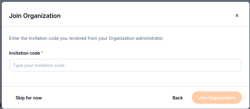 Join Organization dialog with the required Invitation code field.