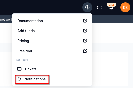 Help menu with Notifications highlighted beneath Tickets in the Support group.
