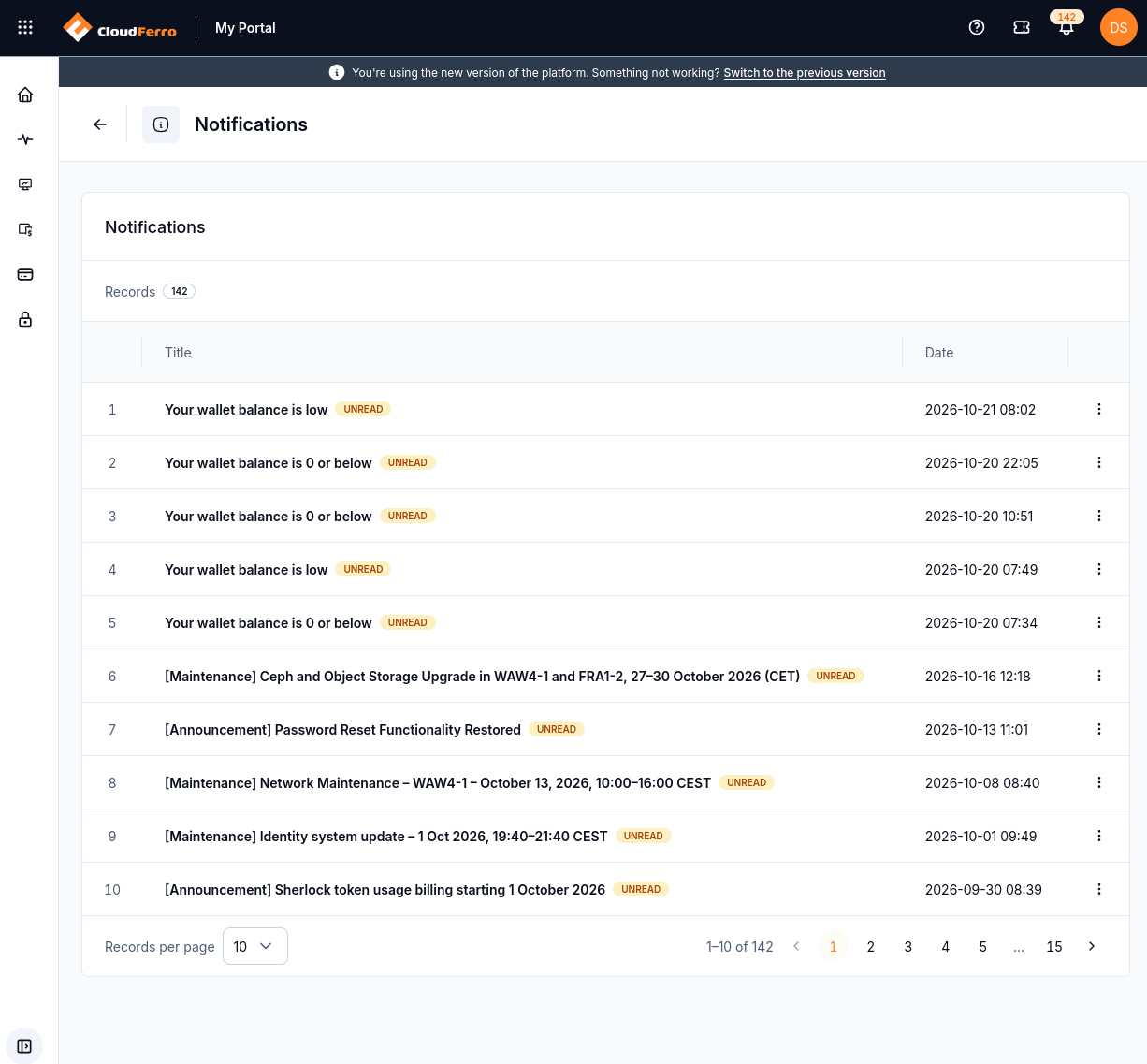 Notifications page with 142 records, Title and Date columns, UNREAD labels, row menus, and pagination.