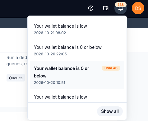 Bell notification panel with a count of 138, read wallet alerts, one UNREAD entry, timestamps, and Show all.