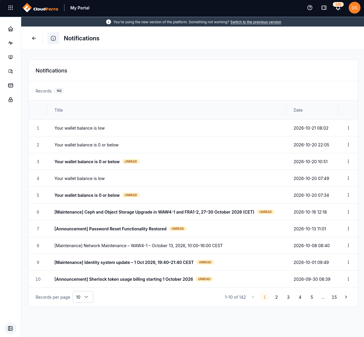 Notifications list with four read rows, 142 total records, and a bell badge showing 138 unread notifications.