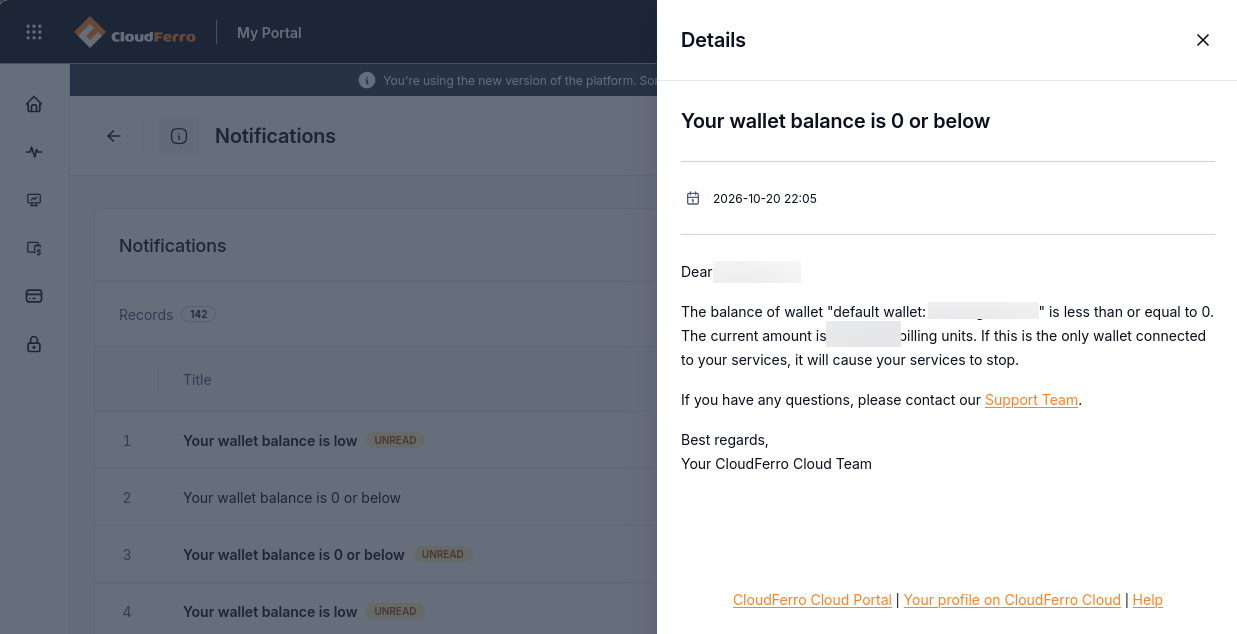 Details drawer for Your wallet balance is 0 or below, including the event time, obscured wallet details, and a Support Team link.