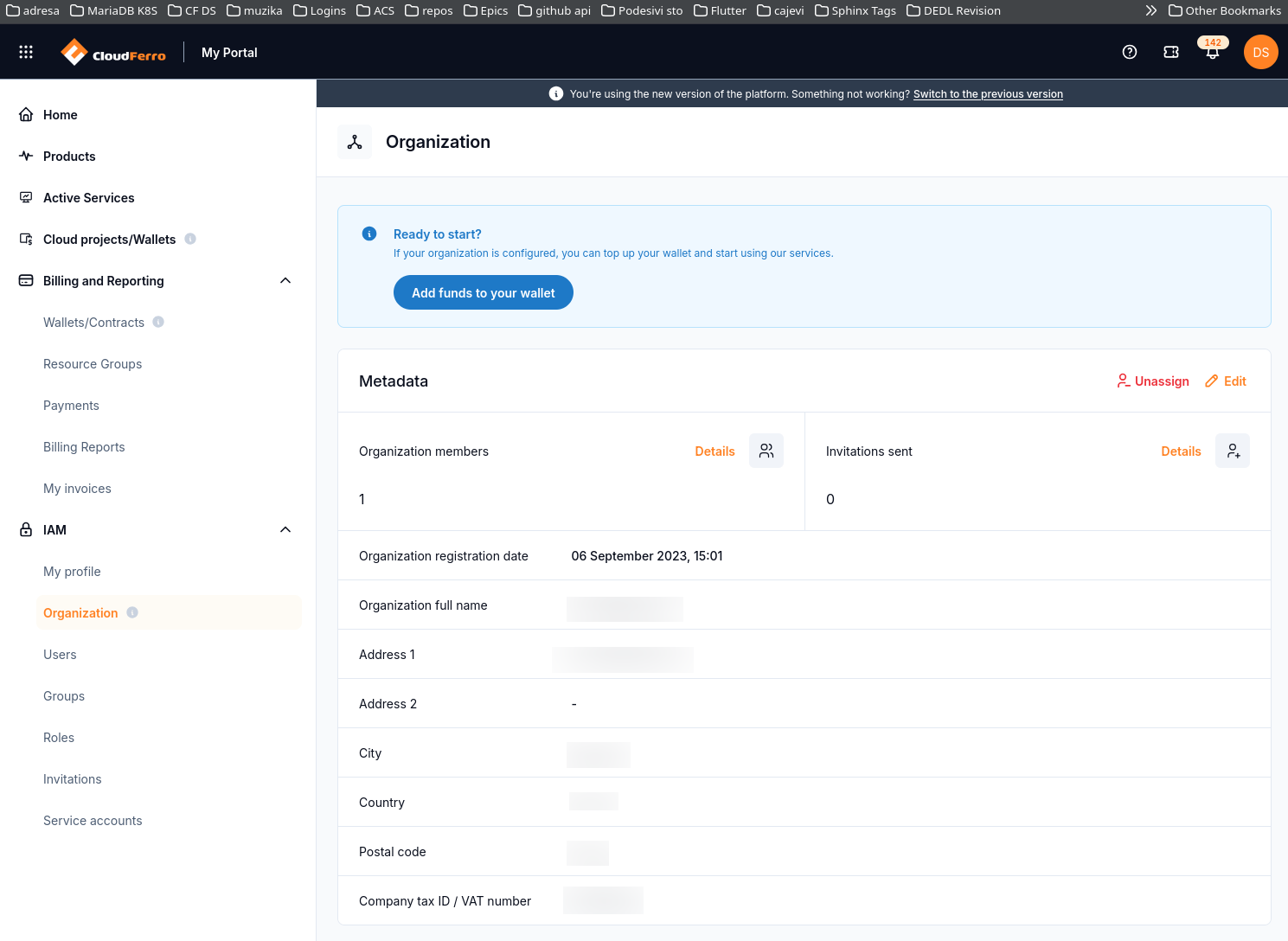 Organization page with member and invitation counts, registration date, company details, Edit, and Unassign.