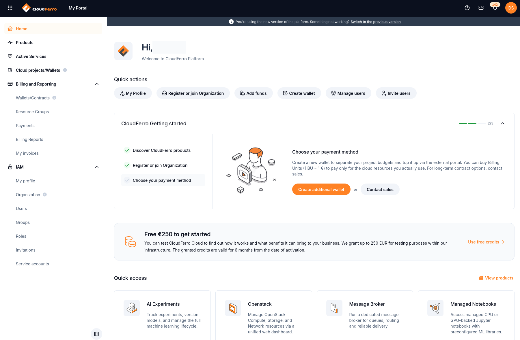 CloudFerro Cloud Home with the navigation menu, Quick actions, Getting started checklist, trial entry point, and product shortcuts.