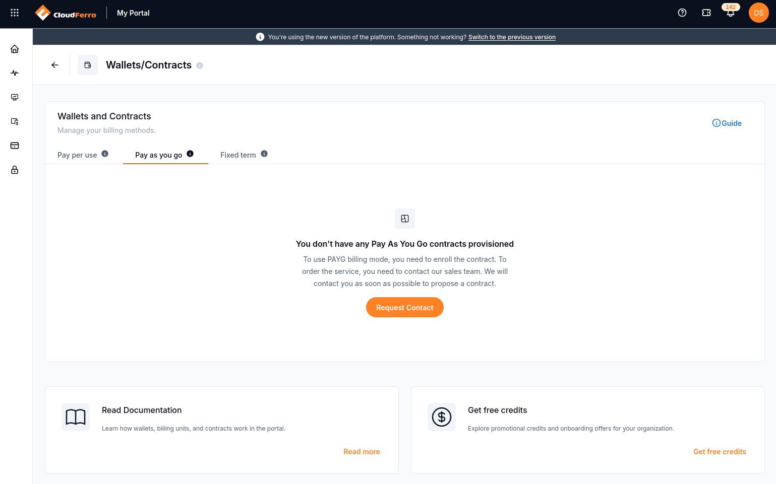 Pay as you go tab showing no provisioned contracts and a Request Contact button.