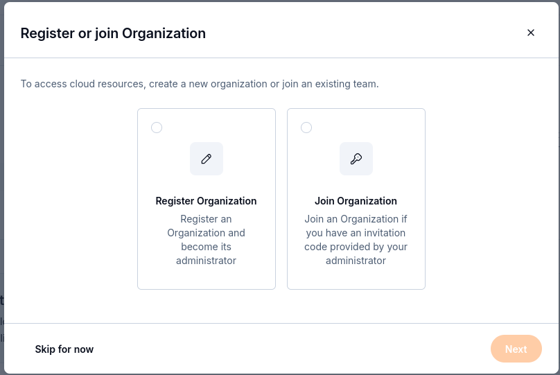 Register or join Organization dialog with Register Organization and Join Organization choices.