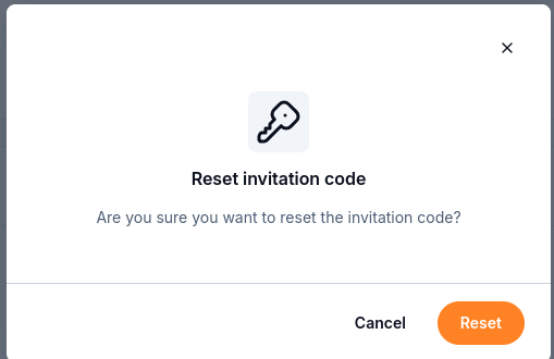 Reset invitation code confirmation with Cancel and Reset actions.