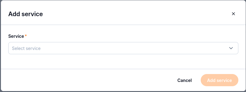 Add service dialog with a required Service selector.