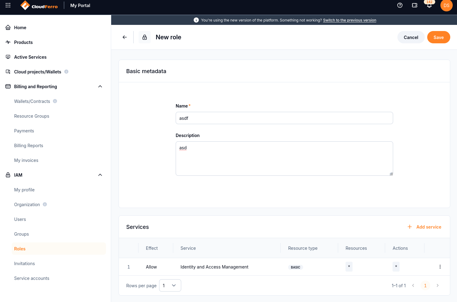 New role form containing one Identity and Access Management service rule.