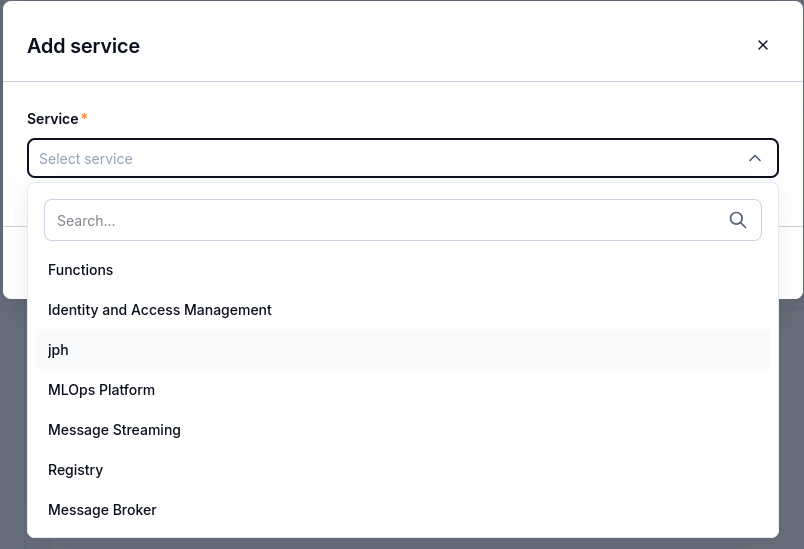 Expanded Service selector with a search field and available services.
