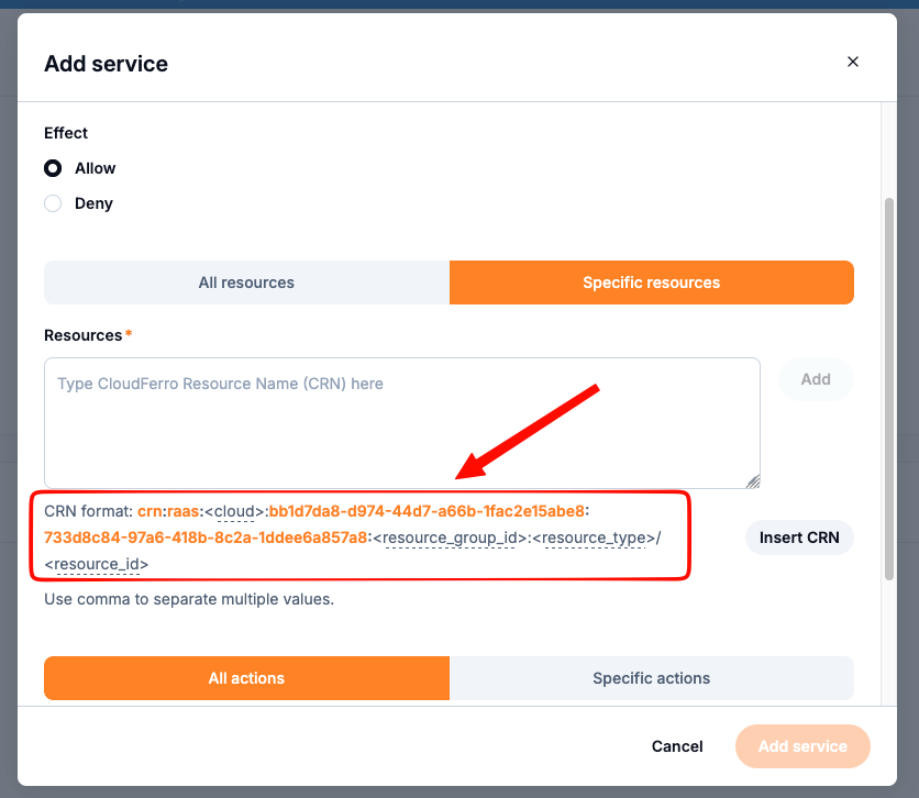 Add service dialog with Specific resources selected, a Resources field, a CRN format hint, and an Insert CRN button.