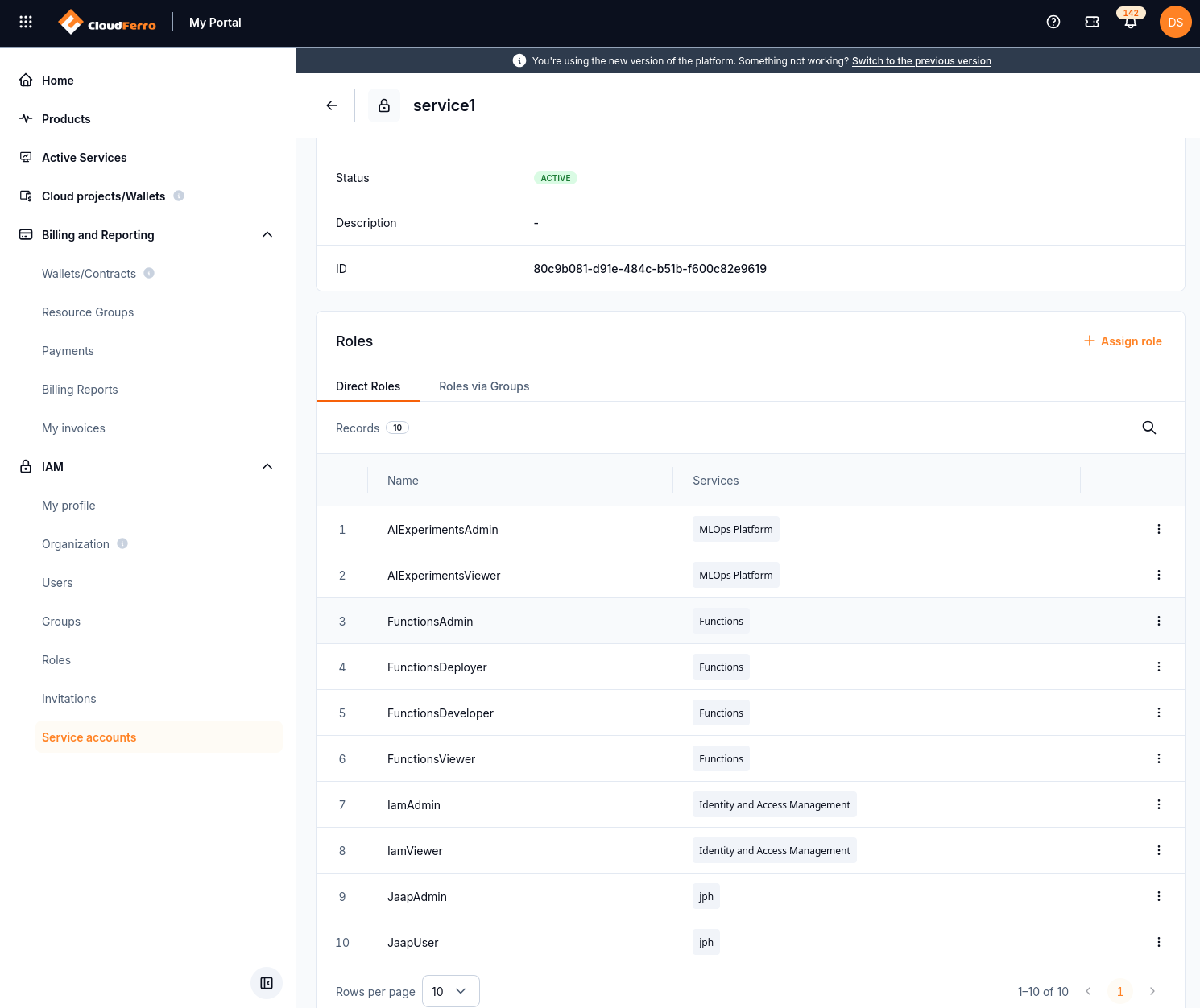 Service account Direct Roles tab populated with role names and services.
