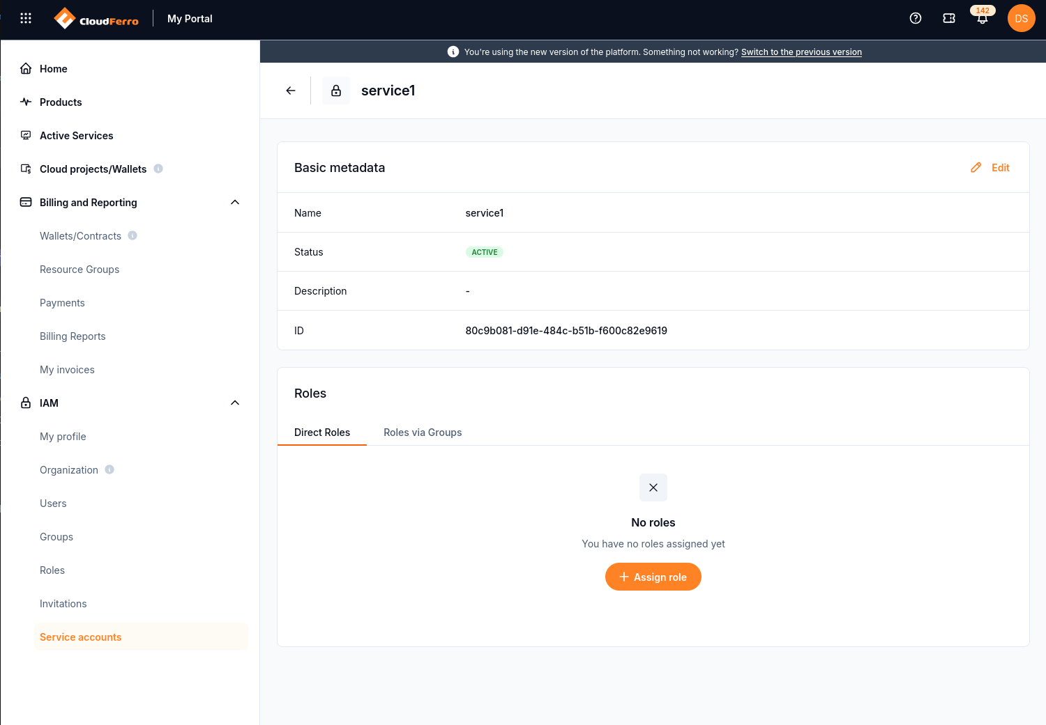 Service account details with active status and an empty Direct Roles tab.