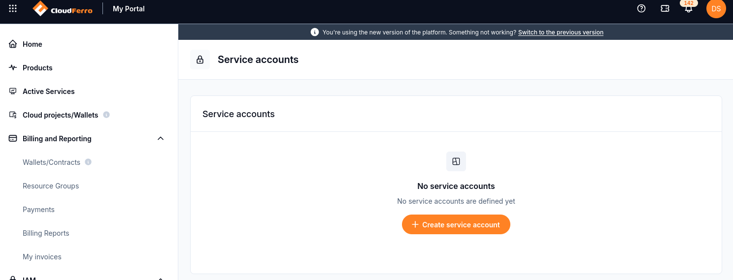 Service accounts empty view with Create service account.